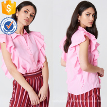 Mignon rose à manches courtes à volants volant chemise d'été haut fabrication en gros de mode femmes vêtements (TA0083T)